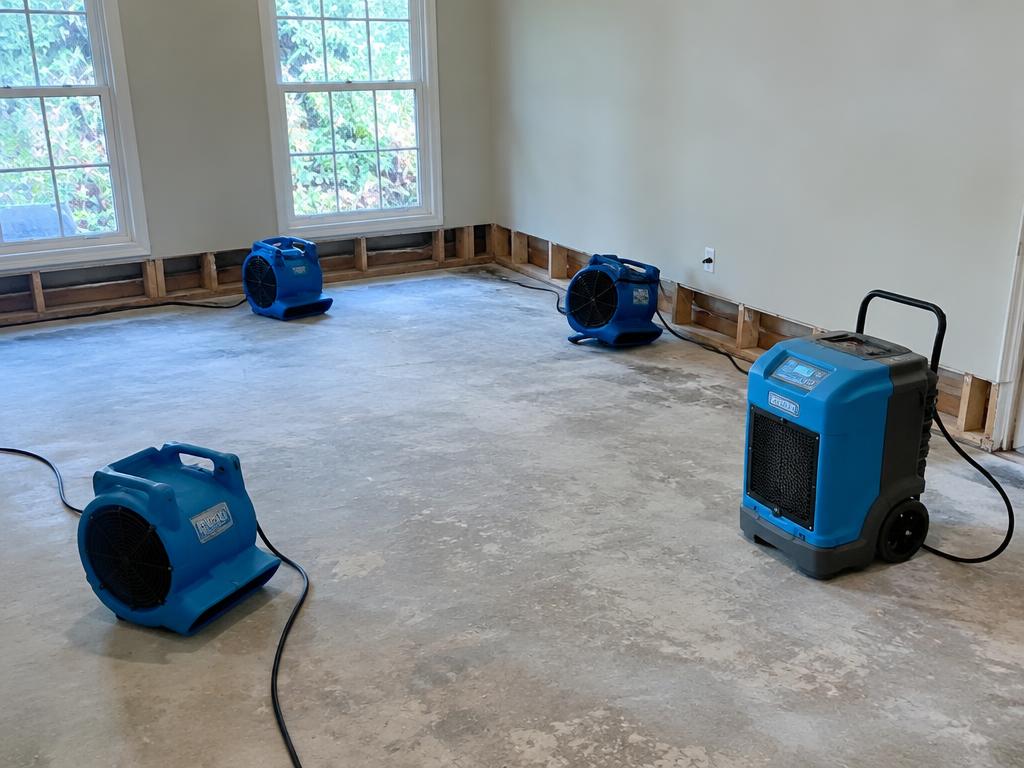 Air movers and a dehumidifier drying wall cavities after water damage