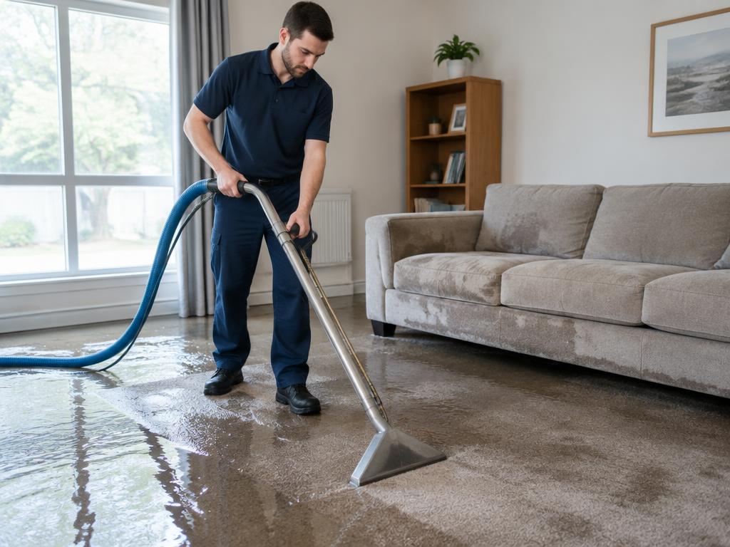 Technician extracting water from a flooded living room carpet in a Euless home