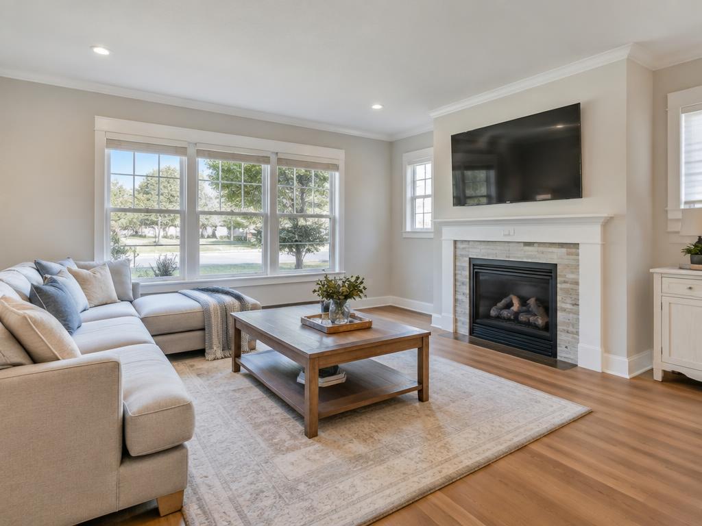 Fully restored living room with new flooring after water damage repair