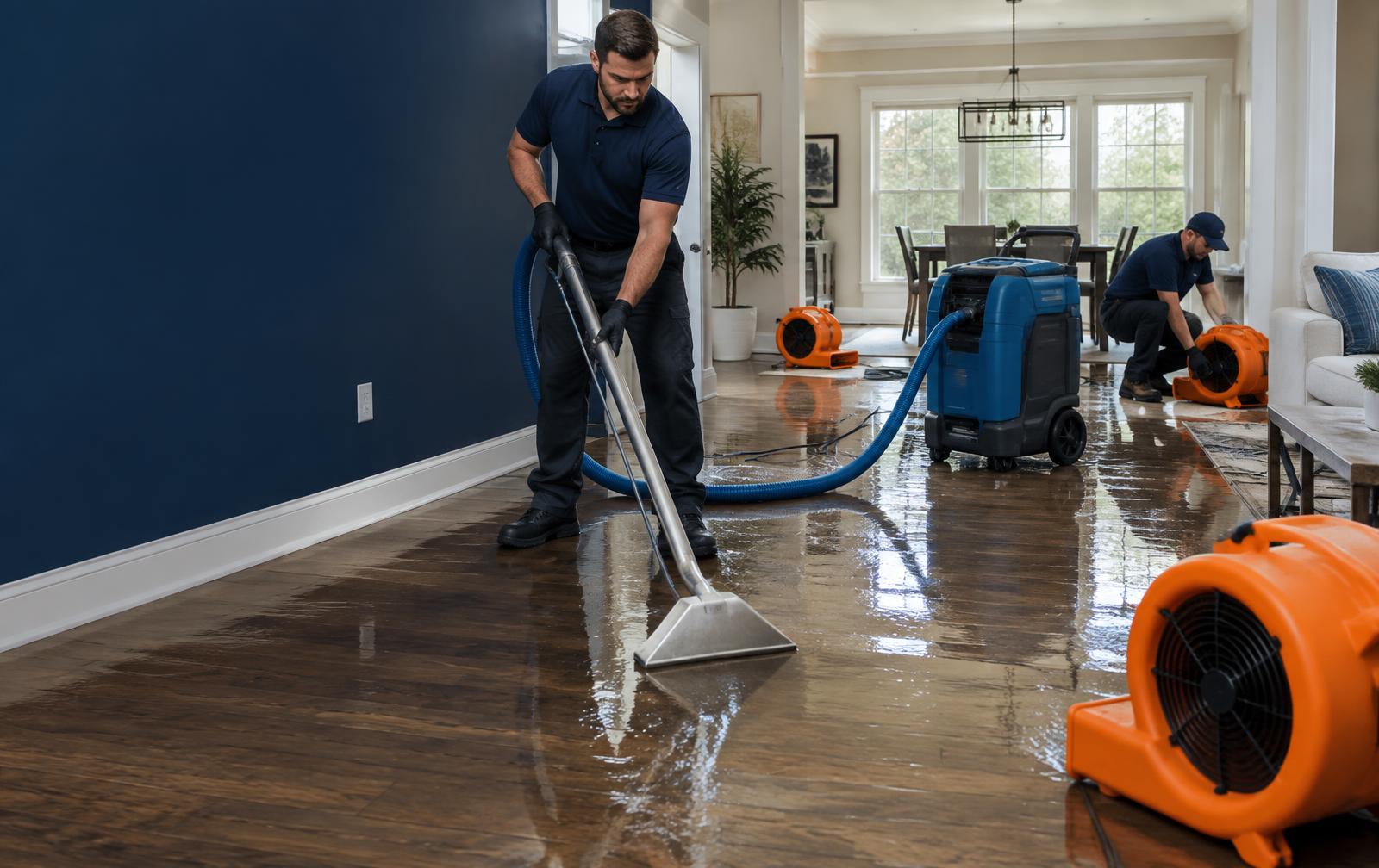 Restoration technicians extracting water from a hardwood floor in a Euless home